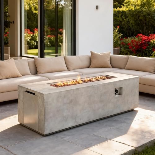 FammyLoft 70 Inch Propane Fire Pit Table, Concrete Firepits for Outside, Rectangular Gas Fire Pit for Outside Patio, Backyard, Pool, 60,000 BTU, Free Lava Rocks, Light Gray