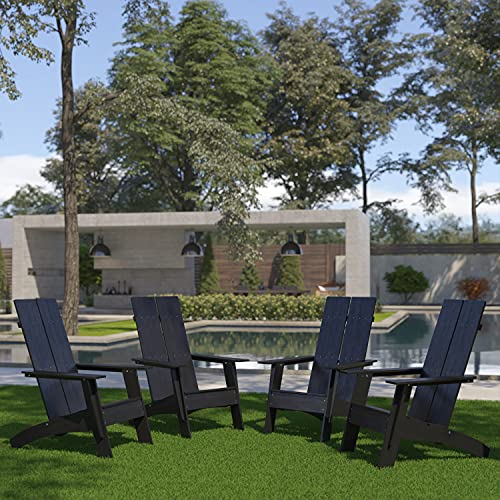 BizChair Set of 4 Modern 2-Slat Back Adirondack Chairs - Black All-Weather Poly Resin Lounge Chairs