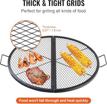Wrobelax Foldable Round Cooking Grate for Fire Pit, Heavy Duty Steel BBQ Grill Grid with Handle and X Wire Support, Portable Camping Cookware