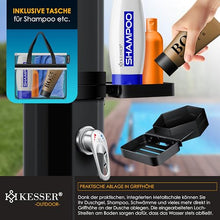 KESSER Solar Shower 40 Litre Solar Garden Shower with Metal Shower Shelf & Protective Cover Hot Water Max 60°C Without Power Connection Pool Shower Camping Rain Shower Head and Tap Black