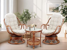 Wickerix Set of 2 Bali Lounge Swivel Rocking Chairs with Cream Cushion and Pelangi Round Coffee Table Natural Rattan Wicker Handmade, Colonial Color