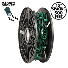 Novelty Lights C9 Light Spool, 500 Feet Magnetic Christmas Outdoor String, Green Wire, 15 inch Spacing, For Indoor and Outdoor Steel Surfaces, E17 Sockets