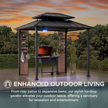 Sunjoy 7 x 9 ft. Grill Gazebo 2-Tier Hardtop Pergola with Ceiling Hooks and Storage Shelves Black