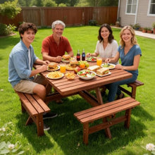 Hassyee Outdoor Picnic Table and Build-in Benches Set with Umbrella Hole for Poolside, Garden, Park, Wooden Furniture Set with Slatted Design and Metal Frame for Backyard, Deck (Square Table -Brown)