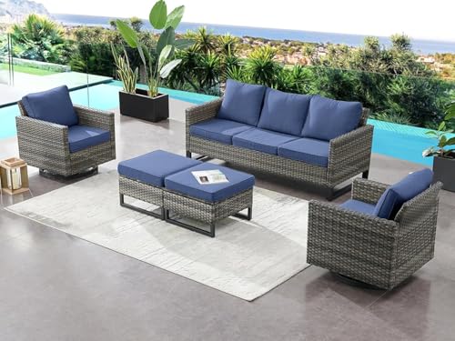 HTERWQEA Patio Furniture Set 5 Piece Outdoor Wicker Rattan Sectional Sofa, Conversation with Cushions, Couch for Backyard Porch Garden Poolside Blue