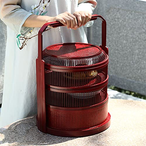 MNSRRN Handmade Bamboo Basket, Three-Layer Retro Food Box Multi-Layer Delivery Basket Picnic Basket,Red