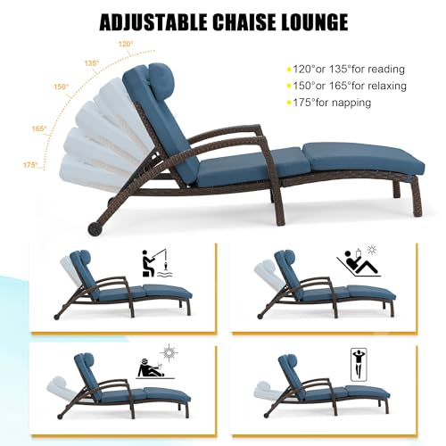 HOMREST Chaise Lounge Chairs Set of 4 PE Rattan Wicker Adjustable Dark Blue