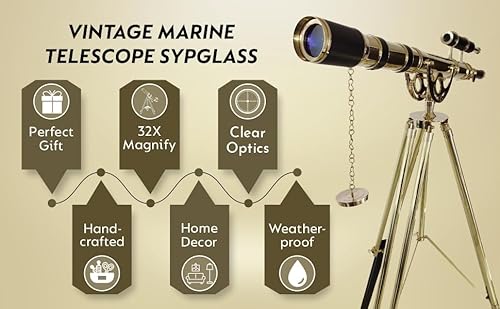 NAVIROCK Royal Vintage Double Barrel Brass Telescope with Black Leather & Adjustable Wooden Tripod Shiny Brass