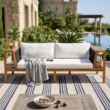 Merax Acacia Wood Outdoor Loveseat with Cream Cushion, Coastal Style Patio Daybed Loveseat Sofa with Rope Side Panels & Built-in Side Storage Shelves, 2-Seater Patio Bench for Garden Backyard