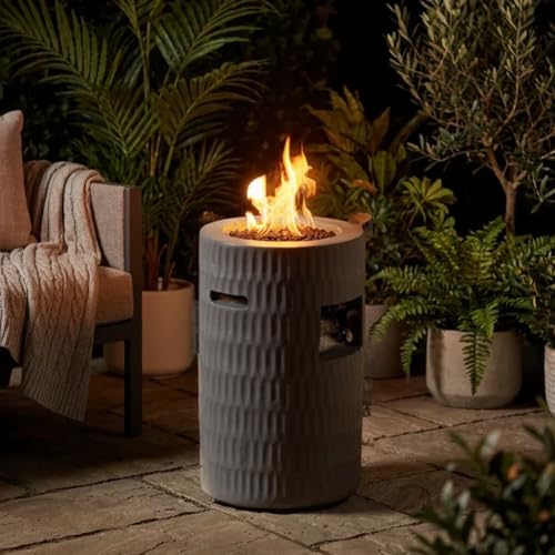 KEIKI 26" Cylindrical Propane Fire Pit, 40,000 BTU Outdoor Gas Fire Column with Hidden Tank Storage, Lava Rocks, Waterproof Cover, No Assembly Modern Concrete Patio Balcony Heater, Dark Grey