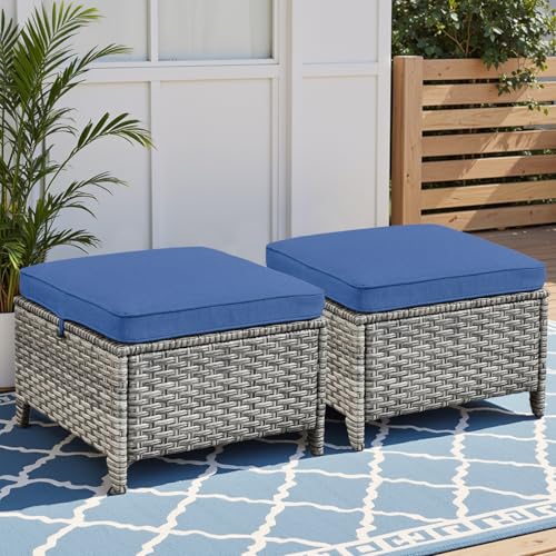 Seeheool Outdoor PE Wicker Ottomans Set of 2, Patio Gray Rattan Footrests with Blue Cushions for Backyard or Deck