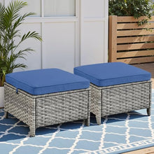 Seeheool Outdoor PE Wicker Ottomans Set of 2, Patio Gray Rattan Footrests with Blue Cushions for Backyard or Deck