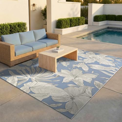 Couristan Dolce Flora Floral Outdoor Area Rug for Patio Deck, Blue, 9x12 Ft