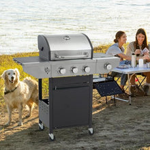 3-Burner Propane Gas Grill with Side Burner, Stainless Steel Outdoor Barbecue Grill with Wheels, Storage Cabinet, Temperature Gauge, for Patio Backyard Camping