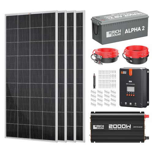RICH SOLAR 800 Watt Complete Solar Kit - 200W Monocrystalline Solar Panel, 60A MPPT Charge Controller, 12V 200AH Battery, 2000W Inverter