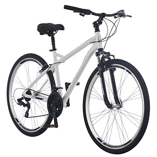 Schwinn Network 3.0 Hybrid Bike Men Women 700c 21-Speed 18-Inch Aluminum Frame Front Suspension Alloy Linear Pull Brakes White