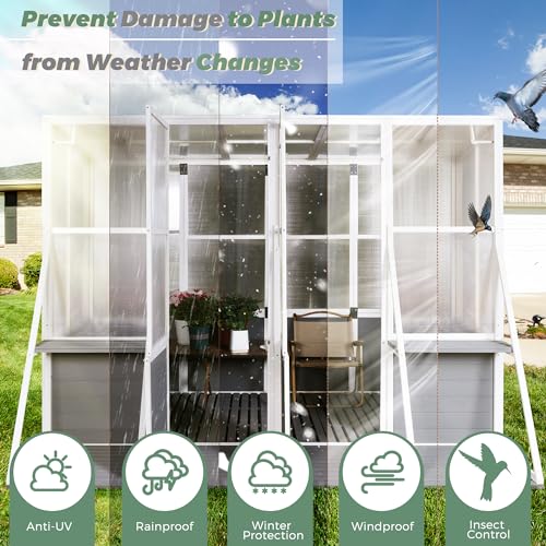 CIATRE Wooden Lean-To Greenhouse, Heavy Duty Outdoor Walk-In Garden Shed, White+Gray