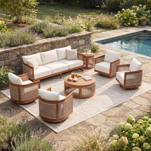 Christopher Knight Home Ayla 7-Seater Patio Furniture Set with Coffee Table, Set of 4 Outdoor Swivel Accent Chair and Sofa Set, 7 Piece Outdoor Acacia Wood Conversation Set with Cushion, Teak+Beige
