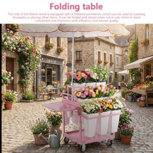 Mobile Rolling Metal Flower Cart Stand with 18 Buckets Umbrella Vendor Rack for Market Wedding Garden Decor
