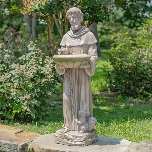 Zaer Ltd. Saint Francis Garden Statue with Birdbath, Antique Grey Magnesium, 30-36 Inch Height (36" Tall Standing)