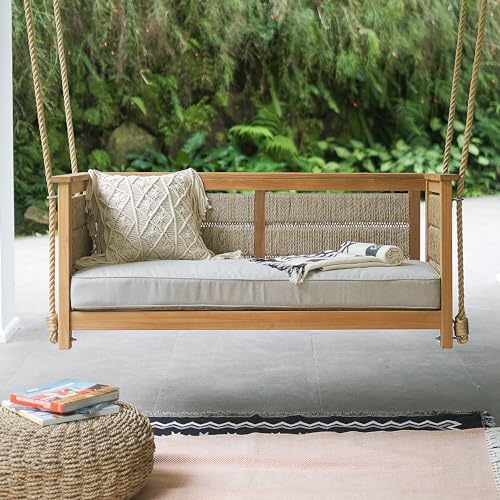 Teak Wood Outdoor Porch Swing with Cushion White Weather Resistant