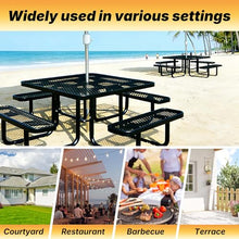 LAUCO Square Picnic Table, Expanded Metal, Black Thermoplastic Coating, Attached Benches, 1-1/2” Umbrella Pole Hole, Outdoor-Rated, 1000 lb Capacity (Black) 36036