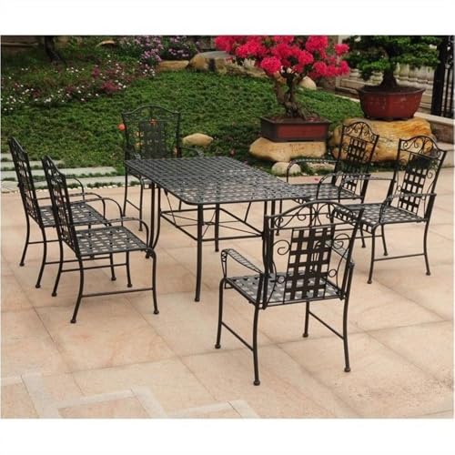 Pemberly Row 7 Piece Metal Patio Dining Set, Antique Black Finish, Includes 6 Chairs with Armrests and Deep Seats and 60" Rectangular Table with Umbrella Hole, Weather Resistant Outdoor Dining Set