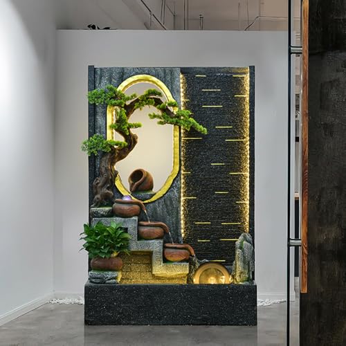 Large Zen Landscape Wall Fountain with LED Lights and Bonsai Accents – Indoor/Outdoor Decorative Waterfall for Home, Lobby, or Garden Decor(5026)