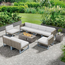SUNPEAK Outdoor Patio Furniture Set with Sectional Couch and Fire Pit Table Light Brown Wicker 9 pcs