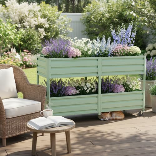 EXPEAK Galvanized Raised Garden Bed 6x2x3 ft, Dual-Tier Elevated Metal Garden Bed with Lockable Wheels, Planter Raised Beds for Vegetables, Herbs & Flowers, Green