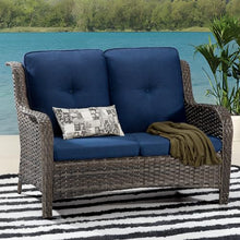 MeetLeisure Outdoor Patio Wicker Loveseat Sofa - 2-Seater Rattan Sofa for Outside Patio Garden with Deep Seating and Olefin Cushions(Mixed Grey/Blue)