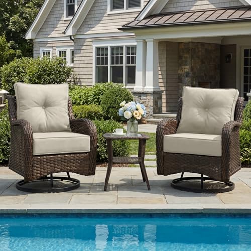 ADRERIC 3-Piece Patio Furniture Set with 6" Ultra-Thick Cushions, Swivel Rocker Chairs with Side Table, All-Weather Round Wicker Conversation Set & Bistro Set for Porch Sunroom Deck, Beige