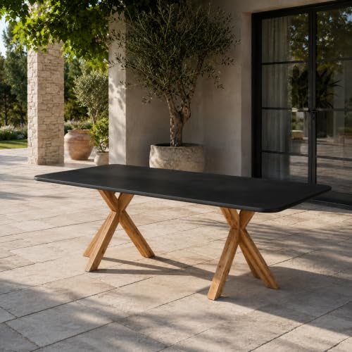Modern Indoor/Outdoor Matte Black 94.5" Rectangular Poly-Fiber Dining Table with Acacia Wood Spider Base