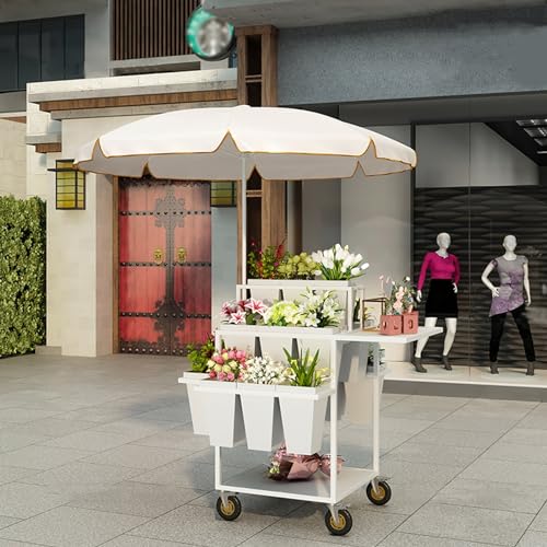Outdoor Flower Display Stand, Mobile Metal Rack Cart with Sunshade, Large Capacity Shelves for Lawn, Night Market, Flower Stand for Street Corner, Yard, 18 Pieces Buckets (White)