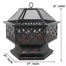 Garden Fire Pit Grill Bowl Grill Barbecue Rack Outdoor Fire Pits 24Inch,Hex Shaped Fire Bowl with Spark Screen Cover for Backyard Garden Patio Bonfire Heating and BBQ
