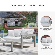Signature Design by Ashley Moonlight View Contemporary Outdoor Nuvella Weather Resistant Fabric Loveseat with Cushion and 2 Throw Pillows, White & Light Gray