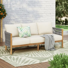 Christopher Knight Home Havets 77"W Outdoor 3 Seater Sofa, 6" Thick Cushion Couch, Acacia Wood Bench Sofa, Comfy Woven Rope Armchair, Spacious Seating Bench Couch for Backyard Garden Porch, Gray+Beige