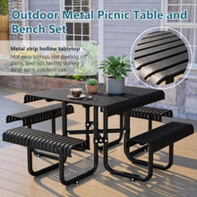 Homyee Metal Picnic Table & Built-in Bench Set with Rounded Table Corners and Umbrella Hole for Backyard, Outdoor Table and Bench Set with Steel Frame and Slotted Design for Lawn (Black)