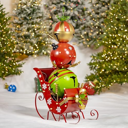 Zaer Ltd. Christmas Sleigh with Giant Jingle Bells, Light-Up Metal Decor, Battery Operated, Red and Green (Large - 59" Tall)