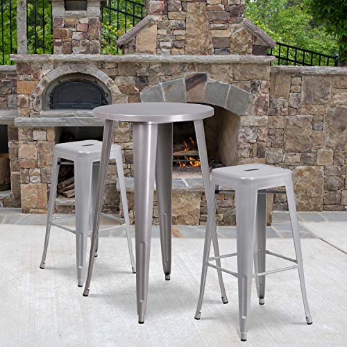 BizChair Commercial 24" Round Silver Metal Bar Table Set-2 Square Seat Backless Stools