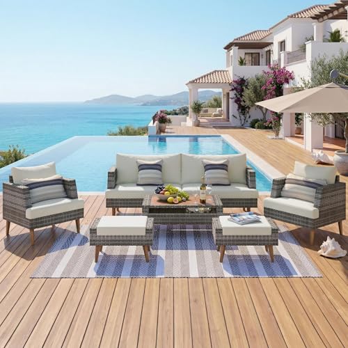 Spollowe 6 Piece Outdoor PE Wicker Sofa Set with Double Cushions Wood Legs Coffee Table for Patio Garden Beige Gray