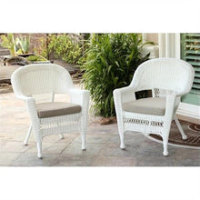 Pemberly Row Wicker Rattan Outdoor Chairs with Cushions, 36" H x 28.5" W x 27.5" D, Set of 2, White and Tan Finish, All-Weather Resin, Steel Frame, Stackable Design for Patio, Poolside or Garden Use