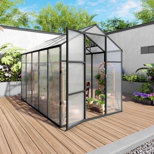 YOPTO 6x10 FT Greenhouse,Outdoor Greenhouse W/ Roof Vent,Walk-in Aluminum Polycarbonate Green House W/ Drainage System & Ground Nails,Green Houses for Outside Garden,Backyard,Patio,Lawn,Black