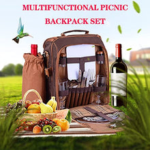 Picnic Bag Kit- Camping Shoulder Bag Set for 2 People with Cooler Compartment Detachable Bottle Holder Plates and Flatware Cutlery for Family Brown