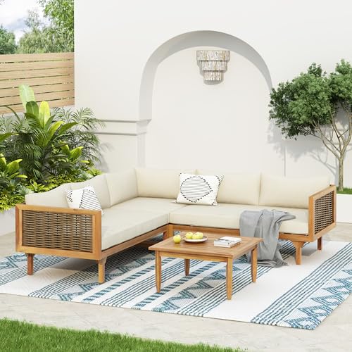 Christopher Knight Home Tenntt 5-Seater Acacia Wood Patio Furniture Set, Outdoor Conversation Sofa Chat Set with Coffee Table, Wicker Arm, Sectional Seating Group for Backyard Balcony, Teak+Beige