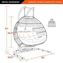 2 Person Hanging Double Swing Chair, Foldable Egg Chair with Stand and Cushion for Indoor Outdoor Patio Garden