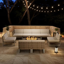 SUNPEAK Outdoor Patio Furniture Set with Sectional Couch and Fire Pit Table Light Brown Wicker 9 pcs