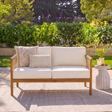 Merax Oversized Acacia Wood Outdoor Lounge Loveseat with Beige Rope Accents