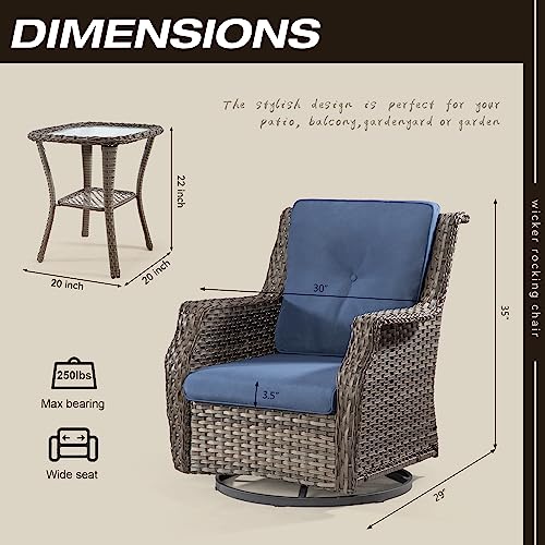 MeetLeisure 3-Piece Patio Bistro Set with Swivel Rocker Chairs and Glass Side Table Mixed Grey/Blue