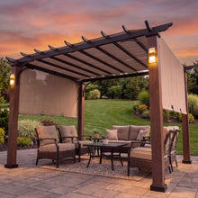 SUNJOY 11x11 Heat-Transfer Woodgrain Steel Pergola with 4 Solar Lights, Sliding Canopy & Oversized Posts